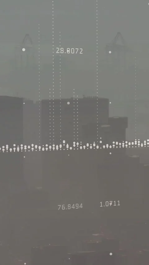 Harbor skyline showing sensor input driving dotted wave, rising columns, numbers Vídeos de archivo 334598619