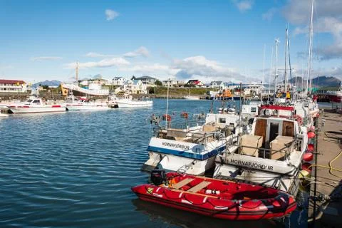 Harbor under blue cloud sky in Iceland landscape at H?fn ­ HornafirÑi Stock Photos