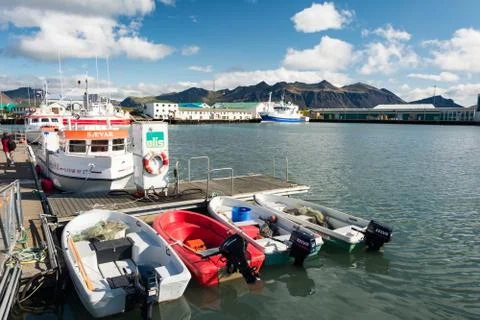 Harbor under blue cloud sky in Iceland landscape at H?fn ­ HornafirÑi Stock Photos