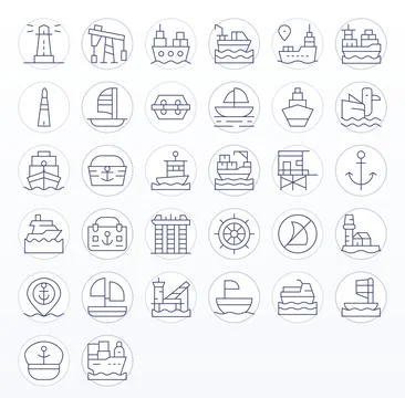 Harbor Vector Icon Arsenal with 32 64x64 Thin Line Grid Fitted designs Stock Illustration