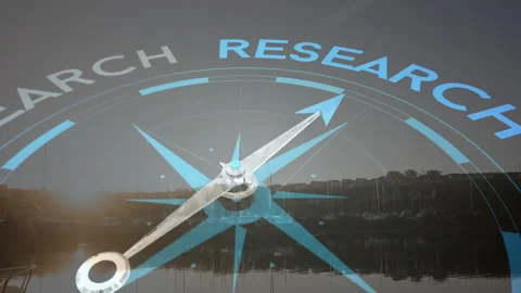 Harbor view fading in digital compass rose with metal needle pivoting clockwise Stock Footage 310994662