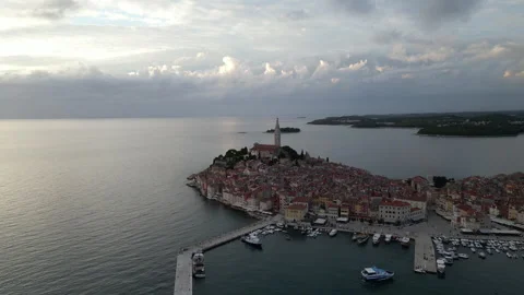 Harbor View Sunset Orbit of Rovinj in 4K Stock Footage 258370534