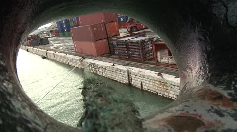 Harbor View through hole from ship tied up at the port Stock Footage 60211654