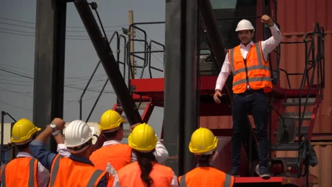 Harbor Workers protest in Cargo  freight ship for import export logistic over Stock Footage 156384175