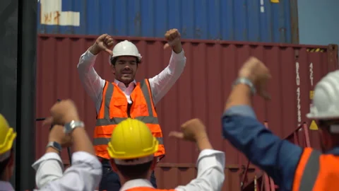 Harbor Workers protest in Cargo  freight ship for import export logistic over Stock Footage 156384288