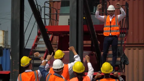 Harbor Workers protest in Cargo  freight ship for import export logistic over Stock Footage 159394080
