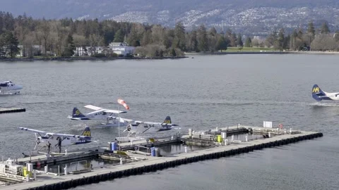 Harbour Air Floatplanes On Vancouver Harbour From Burrard Landing In Stock Footage 194251765