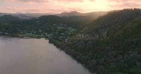 Harbour and mountain range at sunset in Opoutere, Whangamata, Coromandel Stock Footage 279421915