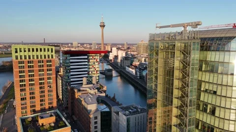 Harbour basin view with glowing skyline reflections Stock Footage 331196801