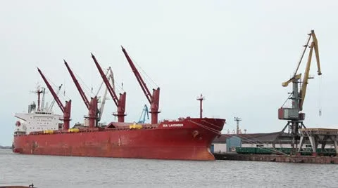 Harbour, big red ship, cranes Stock Footage 10883050