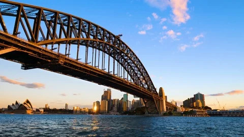 Harbour Bridge and Sydney Opera House skyline at sunset Stock Footage 103461282