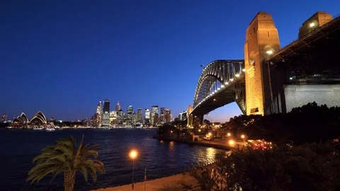 Harbour Bridge and view over Sydney city at night Stock Footage 96165419