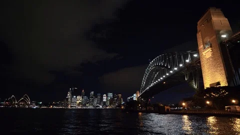 Harbour Bridge and view over Sydney city at night Stock Footage 103428821