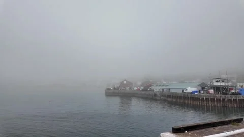 Harbour Pier and Waterfront in Dense Coastal Fog Stock Footage 346751212