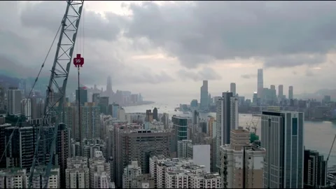 Harbour view Kowloon side. Fly by construction cranes. DJI Inspire 2 X7. Stock Footage 231748764