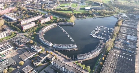 Harbour of Weesp, Aquamarin around the former industrial harbor. Suburban Stock Footage 221579110