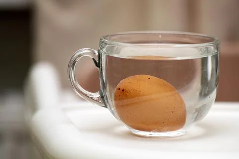 Hard-boiled egg cooling in a transparent glass mug filled with water Stock Photos