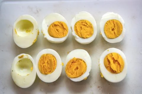 Hard boiled eggs half cut  for high protein diet Stock Photos
