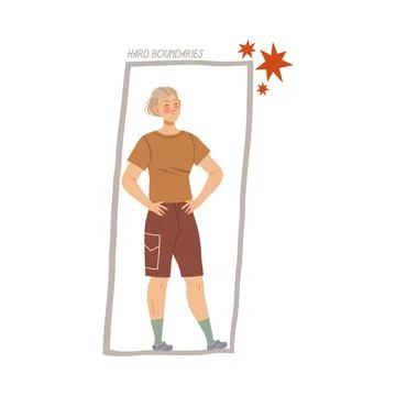 Hard boundaries. Boy standing inside drawn rectangular shape boundaries Illustrazione stock