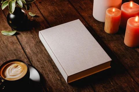 Hard cover book mock up for presentation and advertising on wooden table. Nig Illustrazione stock