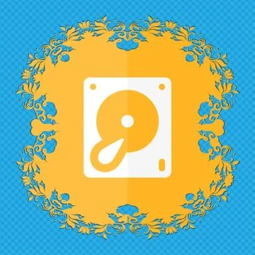 Hard disk and database . Floral flat design on a blue abstract background with p Stock Illustration