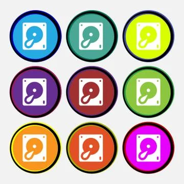 Hard disk and database icon sign. Nine multi-colored round buttons. Stockillustratie