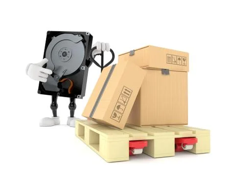 Hard disk character with hand pallet truck with cardboard boxes Illustrazione stock