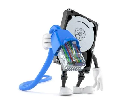 Hard disk character holding network cable Stock Illustration