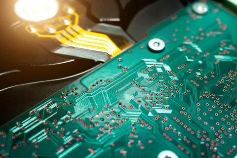 Hard disk circuit Board close up macro photo. Stock Photos