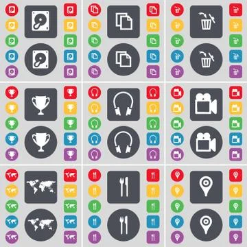 Hard disk, Copy, Trash can, Cup, Headphones, Globe, Fork and knife, Checkpoint i Stock-Illustration