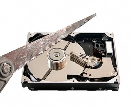Hard disk cut with a hacksaw, on white background Stock Photos