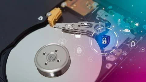 Hard disk drive and data protection icon. Data protection concept. Protect .. Foto stock