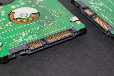 Hard disk drive backside, sata controller interface closeup Stock Photos