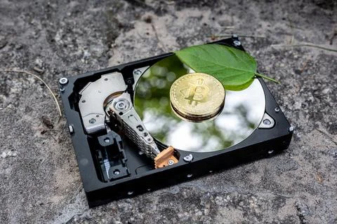 Hard disk drive with a bitcoin and a chia leaf on a concrete surface Stock-Fotos