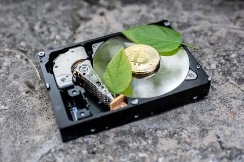Hard disk drive with a bitcoin and a chia leaf on a concrete surface Stock Photos