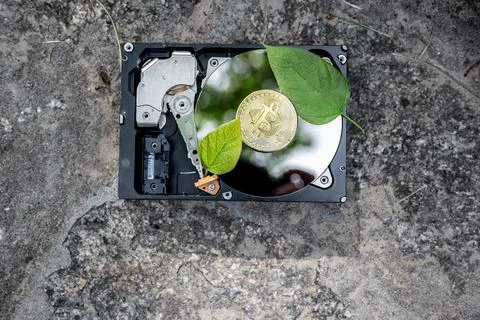 Hard disk drive with a bitcoin and a chia leaf on a concrete surface Foto stock