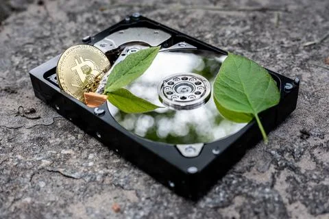Hard disk drive with a bitcoin and a chia leaf on a concrete surface Foto stock