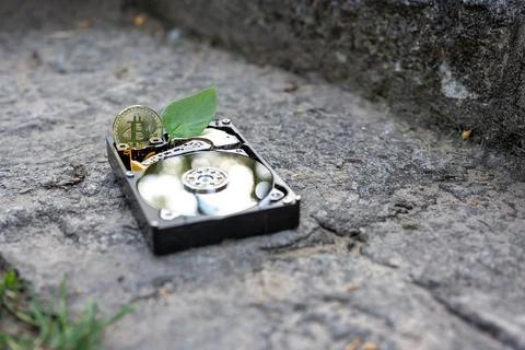 Hard disk drive with a bitcoin and a chia leaf on a concrete surface Stock-Fotos
