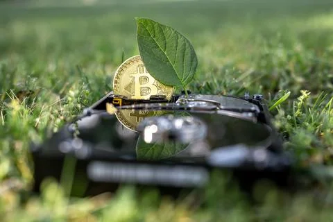 Hard disk drive with a bitcoin and a chia leaf on the grass Stock Photos