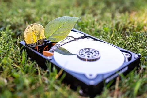Hard disk drive with a bitcoin and a chia leaf on the grass Stock Photos