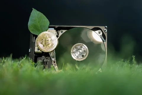 Hard disk drive with a bitcoin and a chia leaf on the grass Stock Photos