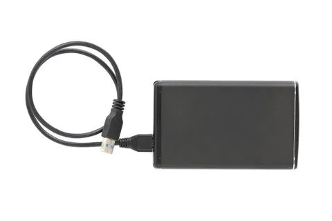 Hard disk drive box set with wire isolated on white background Stock Photos