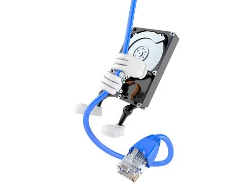 Hard disk drive character swinging on network cable Stockillustratie