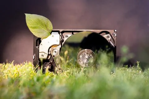 Hard disk drive with a chia leaf on the grass Stock Photos