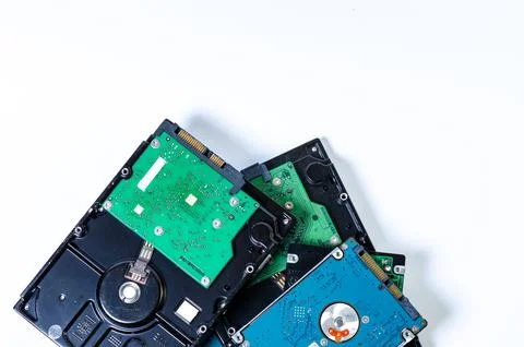 Hard disk drive HDD of different size isolated on white. Stock Photos