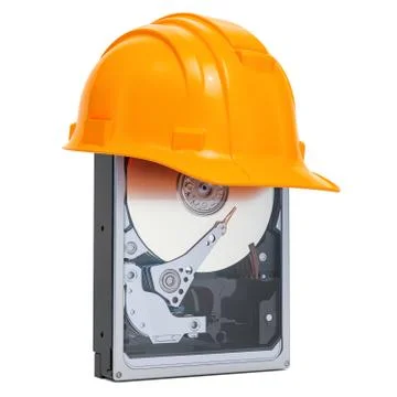 Hard Disk Drive HDD with hard hat , protection concept. 3D rendering Stock Illustration