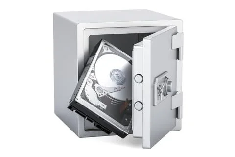 Hard Disk Drive HDD inside safe box, protection concept. 3D rendering Stock Illustration