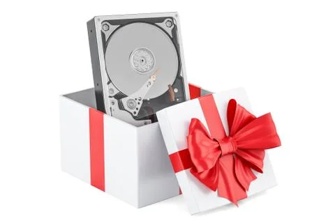 Hard Disk Drive (HDD) inside gift box, gift concept. 3D rendering Stock Illustration