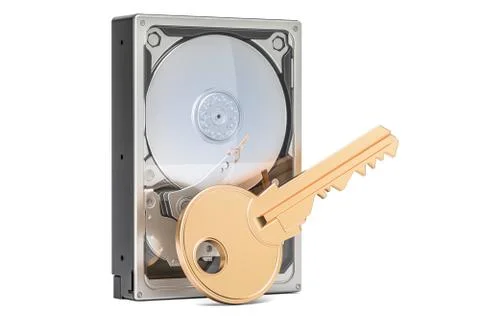 Hard Disk Drive HDD with key, encryption concept, 3D rendering Illustrazione stock