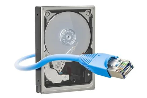 Hard Disk Drive HDD with lan internet cable, 3D rendering Stock Illustration